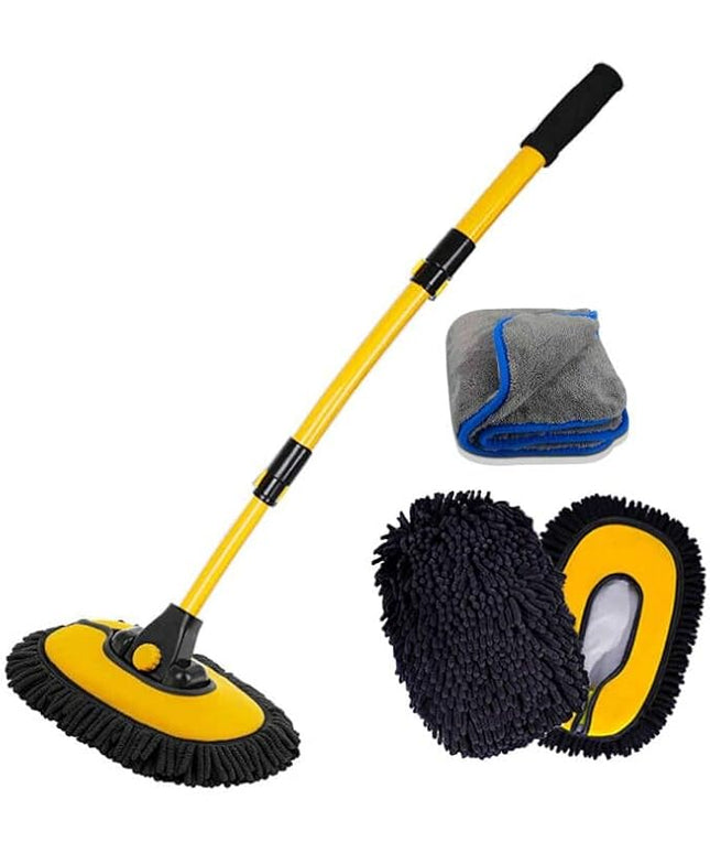 Car Wash Brush with Long Handle, Microfiber Towels Car Wash Kit Cleaning Supplies, Car Wash Mop Mitt with 2 Replacement Head , Extension Pole Car Brush Cleaning Kit for Cars Trucks