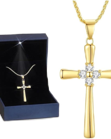 Gold Moissanite Cross Necklace for Women Wife in Light-Up Gift Box,Love Card - Women Anniversary Birthday Gifts Ideas for Wife Her Girlfriend, Christian Cross Chain Jewelry 1CT (18K Real Gold Filled)