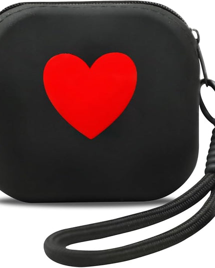 Small Silicone Coin Purse Heart Pattern Mini Silicone Coin Pouch with Hand Strap Change Pouch Mini Zipper Wallet for Women Girls (Black)