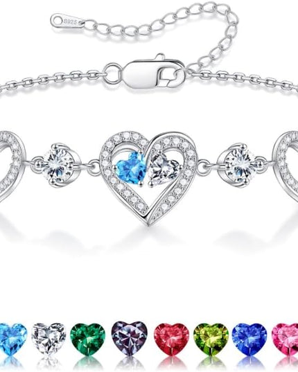 Iefil Valentines Day Gifts for Her - 925 Sterling Silver Heart Birthstone Bracelet Birthday Anniversary Jewelry Gifts for Her Wife
