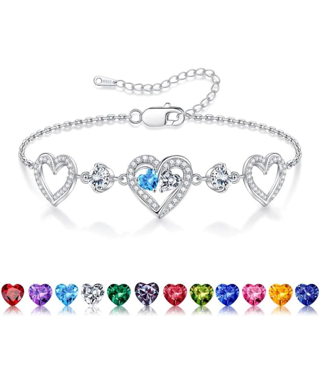 Iefil Valentines Day Gifts for Her - 925 Sterling Silver Heart Birthstone Bracelet Birthday Anniversary Jewelry Gifts for Her Wife
