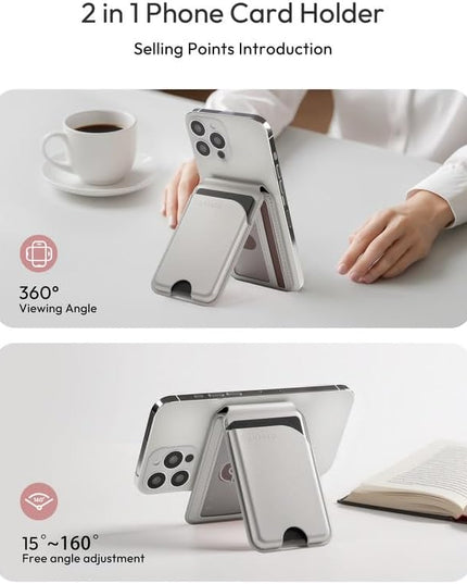 Magnetic Wallet for iPhone, Compatible with MagSafe Adjustable Stand Wallet, RIFD Blocking Leather Magnetic Card Holder for iPhone 17/16/15/14/13/12 Series, Not for iPhone 13/12 Mini(Silver)