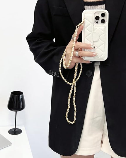 Phone Crossbody Chain Cell Phone Lanyard,Leather+Metal Shouder Strap Universal Cellphone Chain Strap with Tether Patches Compatible with Most Phones Bag Purse Silver+White