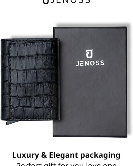 Jenoss Smart Wallet For Men: Full Grain Leather, Handcrafted, Slide Metal Pop Up Case, Slim RFID Blocking Credit Card Holder, Minimalist Compact, 6-8 Cards Organizers, Front Pocket, Money Clip (Black)