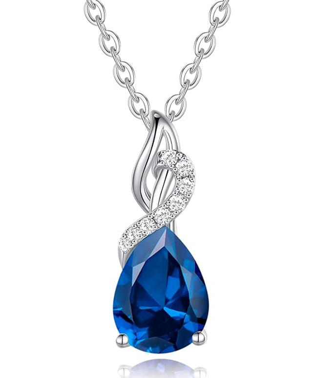 FANCIME 14K Solid White Gold Teardrop Pendant with Diamond Birthstone Necklace