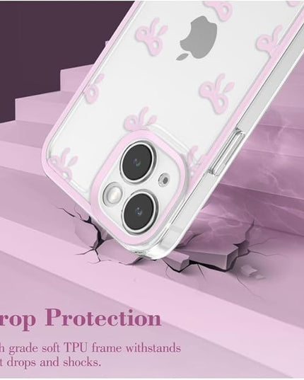Designed for iPhone Case,Clear Cute Ribbon Bowknot Pattern Aesthetic Transparent Phone Case Raised Camera Protection Stylish Slim Soft Phone Case (Pink,iPhone 13)