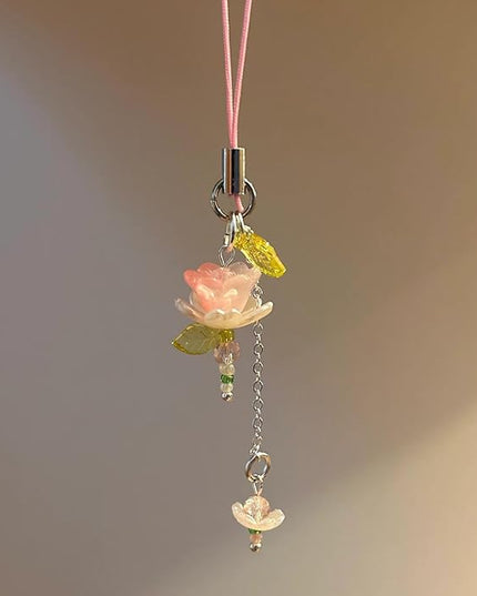 Agromusk Pink Flower Phone Charms,Cute Beaded Lotus Flower Phone Strap Handmade Decor for Women Y2K Accessories Keychain Bag Pendant Gift