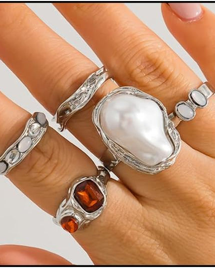 Chunky Gold Rings for Women Non Tarnish Statement Flower Ring Baroque Pearl Stackable Rings Set 6Pcs Chunky Jewelry
