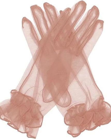 Women's Summer Tulle Gloves Pleated Ruffle Full Finger Wrist Length Opera Party Gloves