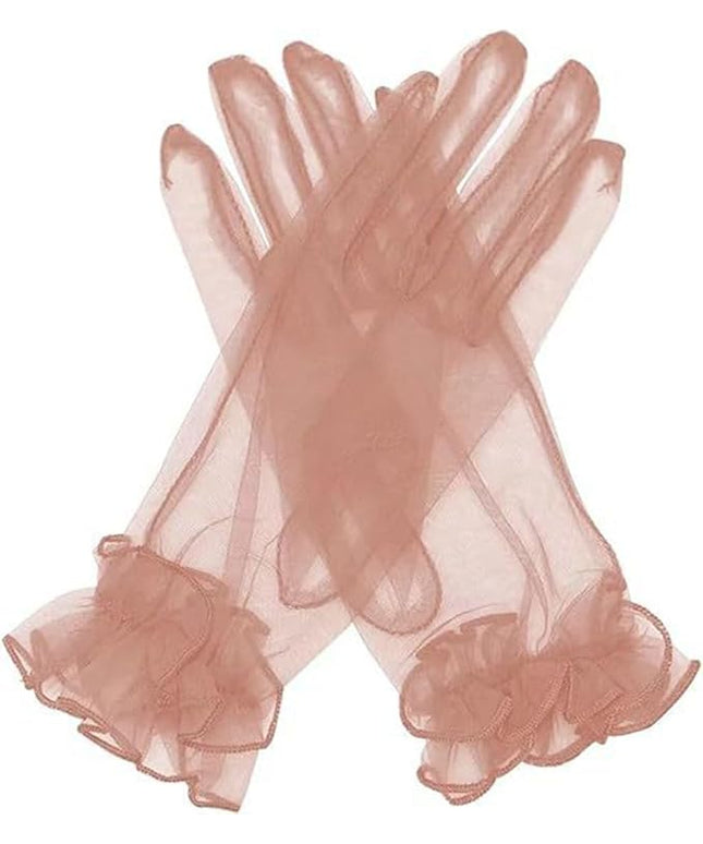 Women's Summer Tulle Gloves Pleated Ruffle Full Finger Wrist Length Opera Party Gloves