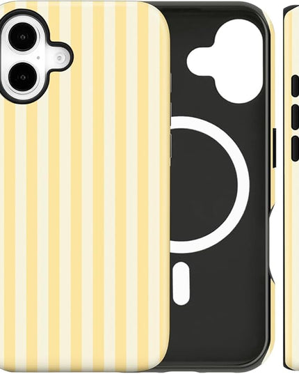 Magnetic for iPhone 16 Case Cute Stripes Phone Case, Shockproof Slim TPU and Hard PC Protective Phone Cover Compatible with MagSafe Designed for Women Girls, Yellow