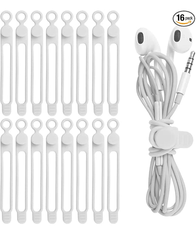 Nearockle 16Pcs Silicone Cable Straps Wire Organizer for Bundling Earphone, Phone Charger, Computer Cords, Reusable Cable Ties Cord Organizer in Home,Office,Kitchen,School(White)