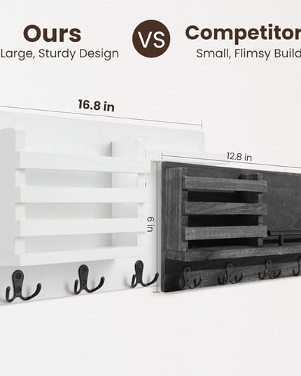 Nekon Mail Holder for Wall Mail Organizer with Key Hooks Hallway Farmhouse Decor Storage Racks with Floating Shelf and Flush Mount Hardware (16.8Inch x 10Inch x 3.2Inch)