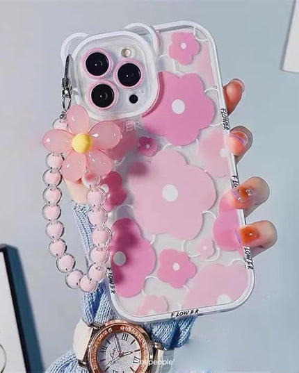 for iPhone 13 Pro Max Case, Cute Clear Blue Floral Bear Camera Lens Case with Lovely Flower Wrist Strap Bracelet Chain for Women Girly,Shockproof Cover-Pink