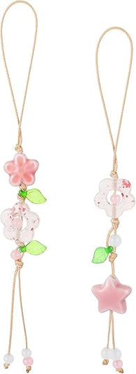 2 Pcs Flower Cute Phone Charm, Phone Chains Straps with Pink Ceramic Star Kawaii Phones Accessories Leaf Floral Wrist Lanyard Bracelet for Keys Bags Camera Pendants Decor