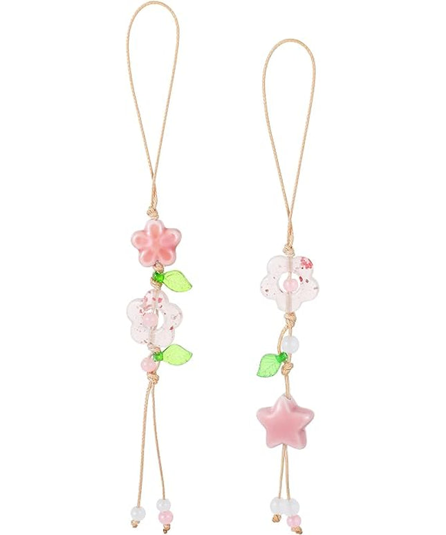 2 Pcs Flower Cute Phone Charm, Phone Chains Straps with Pink Ceramic Star Kawaii Phones Accessories Leaf Floral Wrist Lanyard Bracelet for Keys Bags Camera Pendants Decor