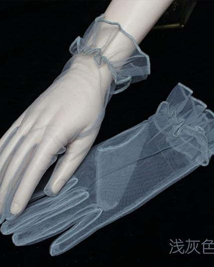 Women's Summer Tulle Gloves Pleated Ruffle Full Finger Wrist Length Opera Party Gloves
