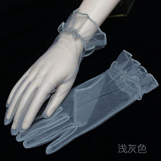 Women's Summer Tulle Gloves Pleated Ruffle Full Finger Wrist Length Opera Party Gloves