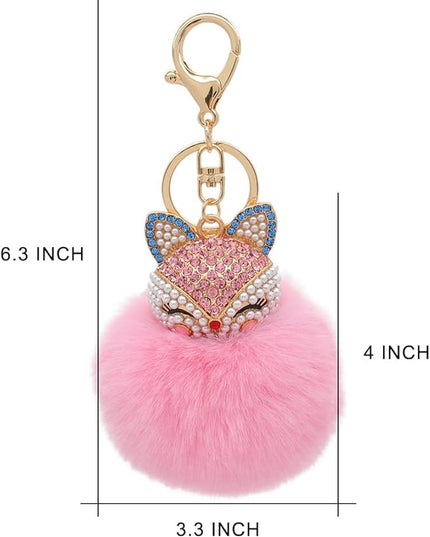 Faux Rabbit Fur Ball Pom Pom Keychain with Fox Head Studded with pearl Rhinestone for Womens Bag Car Key Decoration
