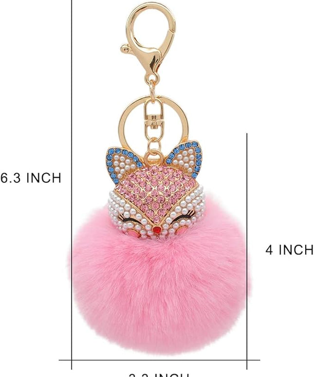 Faux Rabbit Fur Ball Pom Pom Keychain with Fox Head Studded with pearl Rhinestone for Womens Bag Car Key Decoration