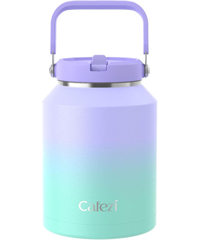 Half Gallon Insulated Water Bottle with Flip Straw, Vacuum Insulated Stainless Steel Jug with Top Handle, Leak-Proof Lid, Sweat-Free, Wide Mouth, Keeps Ice Cold up to 34 Hours
