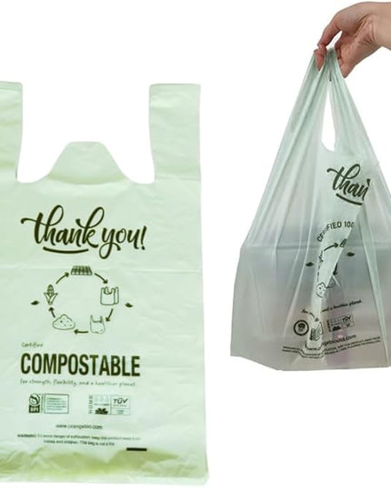 (Medium Size) OrangeBio Certified Home Compostable Shopping Bags, 500 Ct, 10" x 6" x 20", Medium, Hold 20 lbs, Thank You, Grocery, Take Out, T Shirt, To-go bags for Retail, Restaurant