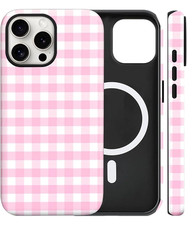 Magnetic for iPhone 15 Case Cute Checkered Stripes Phone Case for Women Girls, Shockproof Slim TPU and Hard PC Protective Phone Cover Compatible with MagSafe Designed, Pink