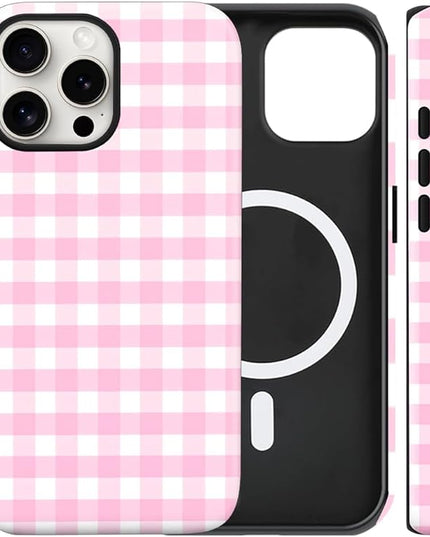 Magnetic for iPhone 13 Pro Max Case Cute Checkered Stripes Phone Case for Women Girls, Shockproof Slim TPU and Hard PC Protective Phone Cover Compatible with MagSafe Designed, Pink