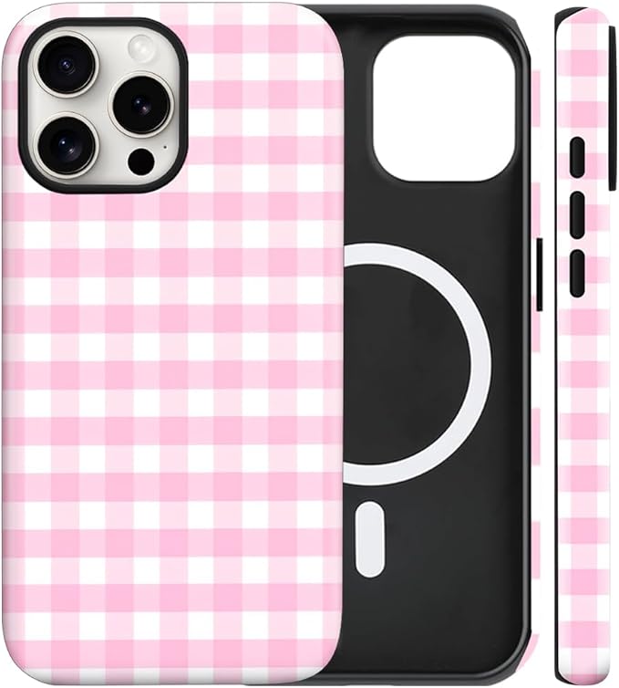 Magnetic for iPhone 13 Pro Max Case Cute Checkered Stripes Phone Case for Women Girls, Shockproof Slim TPU and Hard PC Protective Phone Cover Compatible with MagSafe Designed, Pink