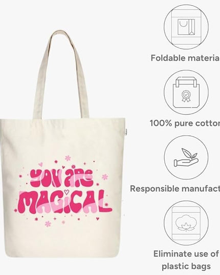 Ecoright Tote Bag for Women with Zipper, Small Tote Bag, Canvas Bag, Reusable Cotton Bag for Beach, Grocery, School & Work