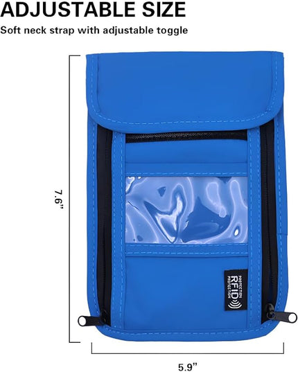 Travel Neck Wallet with RFID Blocking – Passport Holder Organizer Neck Pouch – Portable Easy to Conceal Travel Pouch (PVC Blue)