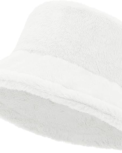 Women Plush Fluffy Bucket Hat Warm Lining Winter Faux Fur Cozy Wide Brim Winter
