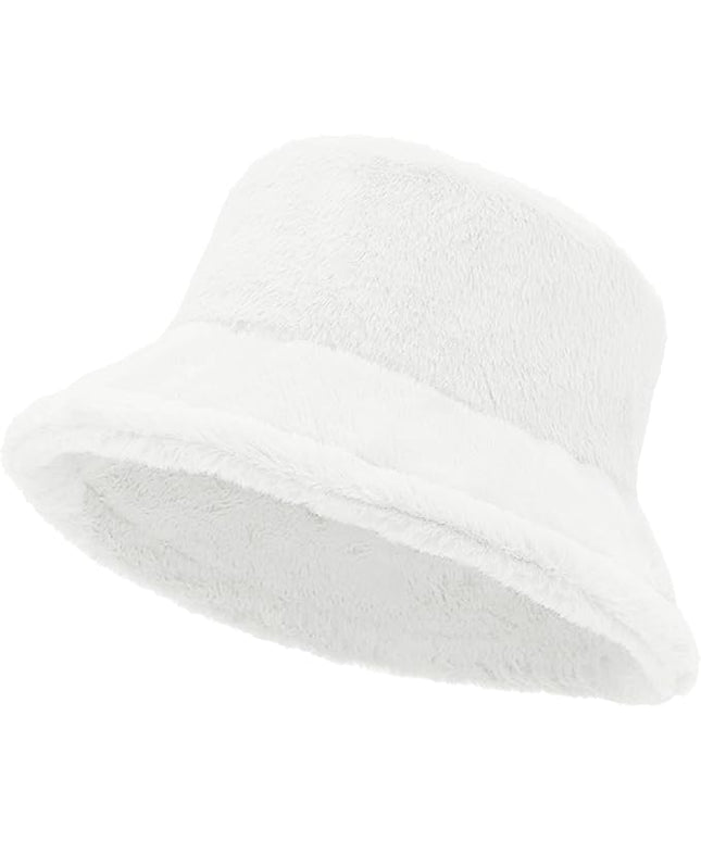 Women Plush Fluffy Bucket Hat Warm Lining Winter Faux Fur Cozy Wide Brim Winter