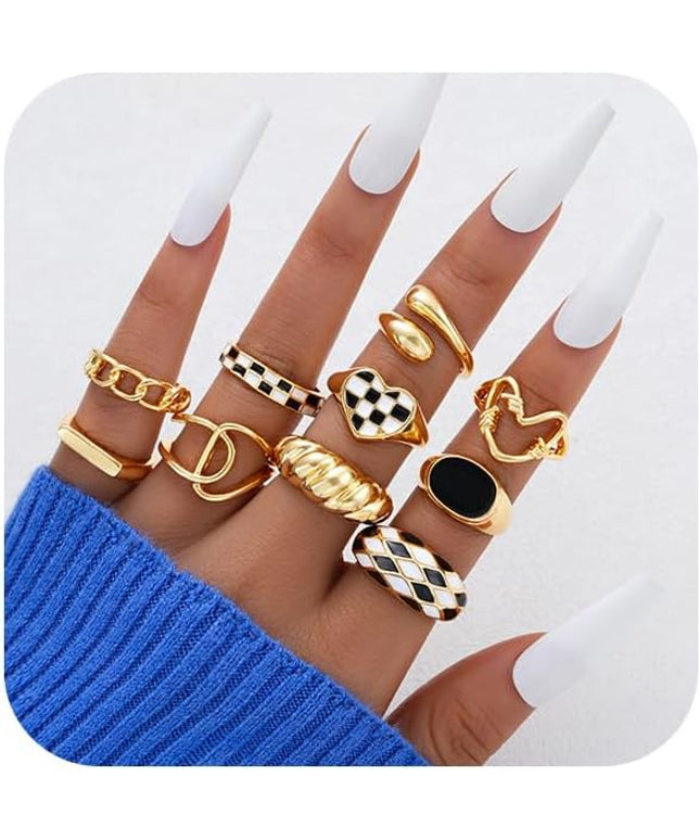 ÌF ME 10 PCS Gold Rings Set for Women Non Tarnish, 18K Gold Plated Chunky Stackable Rings, Statement Stacking Womens Ring Pack