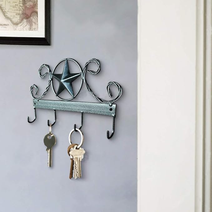 EcoRise Black Texas Country Western Key Holder - Rustic Wall Décor Key Hanger for Home, Vintage Metal Key Hangers for Wall, Star Key Rack Hook Wall Holders, Multiple Hooks for Keys (Black)