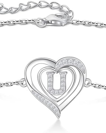 RIVIKO Heart Initial Bracelets for Women,925 Sterling Silver Letter Bracelets, Personalized Charm Alphabet Jewelry Valentines Christmas Mother’s Day Birthday Gifts for Women Friend Her Mom Wife Lady