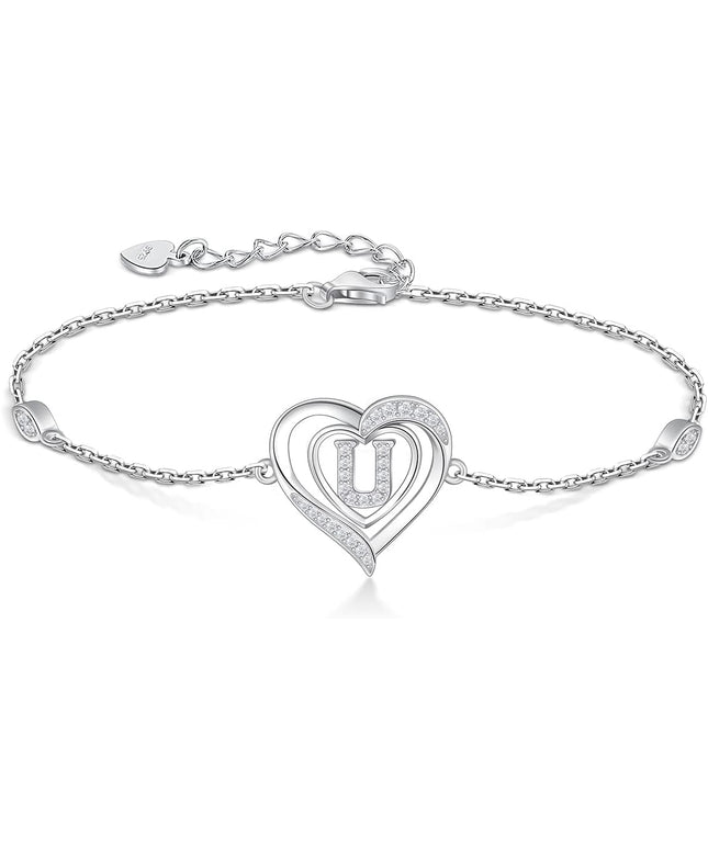 RIVIKO Heart Initial Bracelets for Women,925 Sterling Silver Letter Bracelets, Personalized Charm Alphabet Jewelry Valentines Christmas Mother’s Day Birthday Gifts for Women Friend Her Mom Wife Lady
