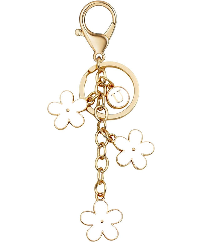 Cute Initial Letter Keyring for Women Girls Nice Flower Keychains for Handbag Backpack