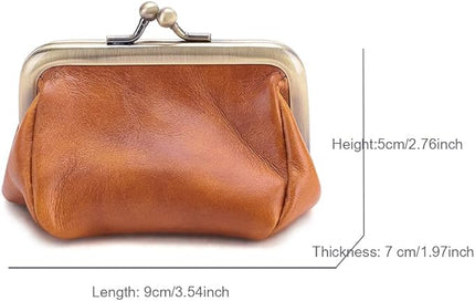 Plinvo Mini Genuine Leather Coin Purse for Women Vintage Kiss Lock Change Organizer Blue (Brown)