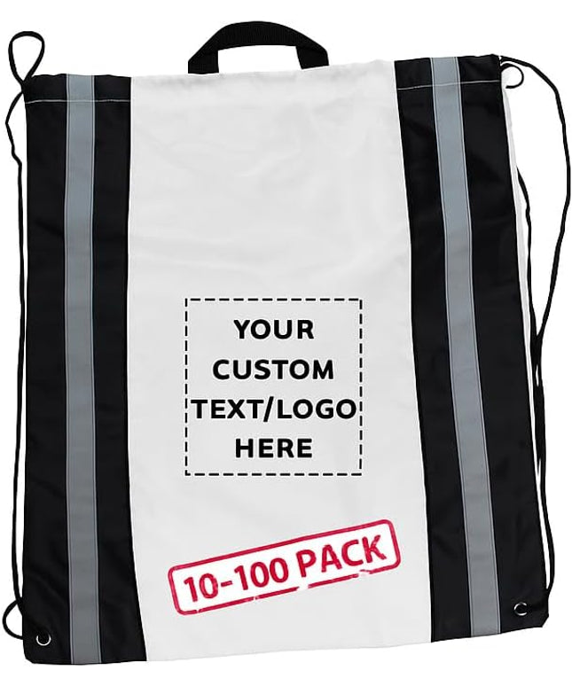 DISCOUNT PROMOS Custom Classic Polyester Drawstring Backpack Set of 10/50/100, Personalized Bulk Pack - Great for Travelling, Gym and for Everyday Use - White