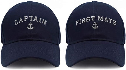 Captain Hat & First Mate | Matching Skipper Boating Baseball Caps | Nautical Marine Sailor Navy Hats