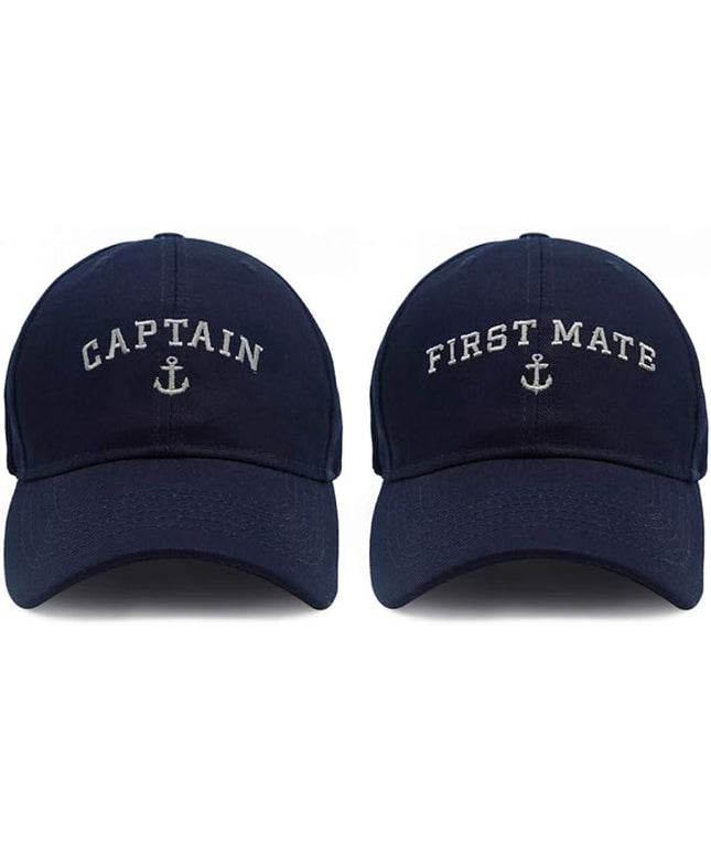 Captain Hat & First Mate | Matching Skipper Boating Baseball Caps | Nautical Marine Sailor Navy Hats