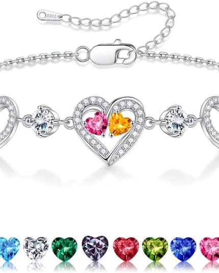 Iefil Valentines Day Gifts for Her - 925 Sterling Silver Heart Birthstone Bracelet Birthday Anniversary Jewelry Gifts for Her Wife