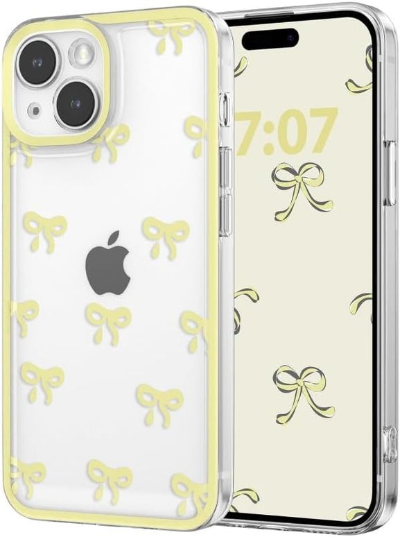 Designed for iPhone Case,Clear Cute Ribbon Bowknot Pattern Aesthetic Transparent Phone Case Raised Camera Protection Stylish Slim Soft Phone Case (Yellow,iPhone 15 Plus)