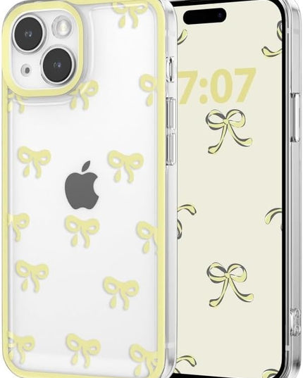 Designed for iPhone Case,Clear Cute Ribbon Bowknot Pattern Aesthetic Transparent Phone Case Raised Camera Protection Stylish Slim Soft Phone Case (Yellow,iPhone 15 Pro)