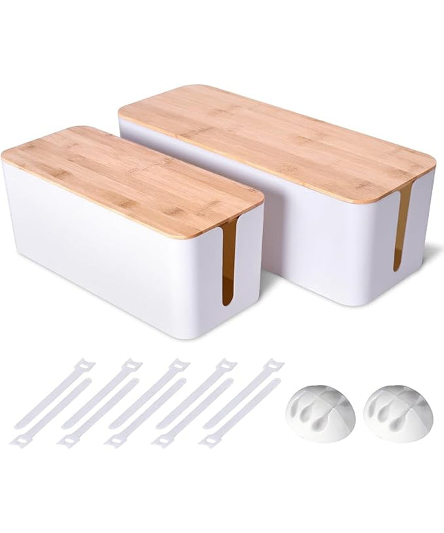 2 Pack Large Cable Management Box – Wooden Style Cord Organizer and Cover for TV Wires, Computer, Router, USB Hub and Under Desk Power Strip – Safe ABS Material and Baby-Pets Proof Lock (White)