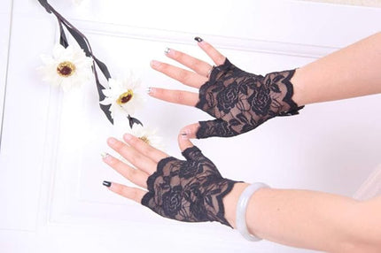 Women's Short Lace Gloves Fingerless for Driving Wedding Wrist Length Bridal Prom Gloves