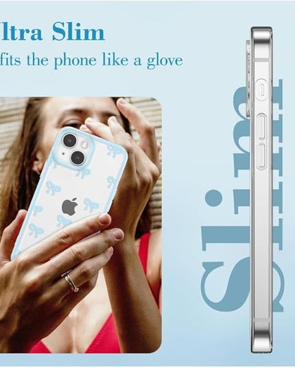 Designed for iPhone Case,Clear Cute Ribbon Bowknot Pattern Aesthetic Transparent Phone Case Raised Camera Protection Stylish Slim Soft Phone Case (Blue,iPhone 14 Pro)
