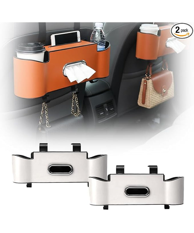 3-in-1 Car Backseat Organizer, 2026 New Multifunctional Back Seat Car Organizer with Cup Holder, Tissue Box, Trash Bin & Hooks for Hold Phones, Snacks, Drinks, Handbags (2, Beige)