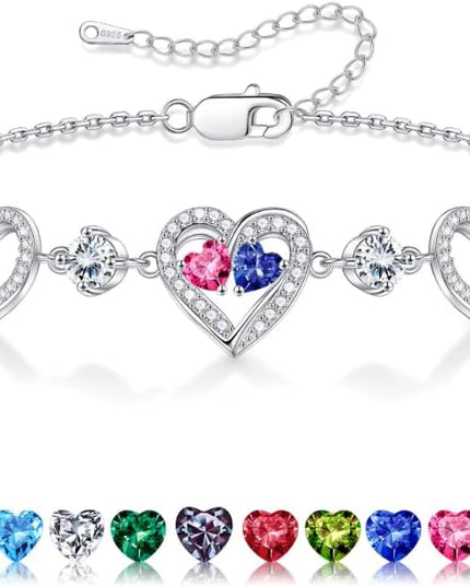 Iefil Valentines Day Gifts for Her - 925 Sterling Silver Heart Birthstone Bracelet Birthday Anniversary Jewelry Gifts for Her Wife
